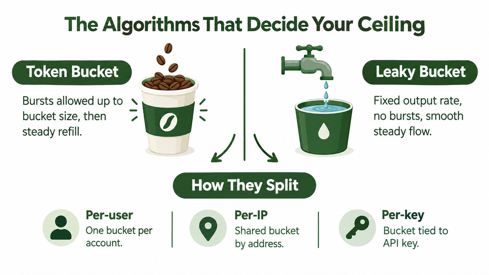 A diagram comparing token bucket and leaky bucket algorithms for rate limiting and how they are split.