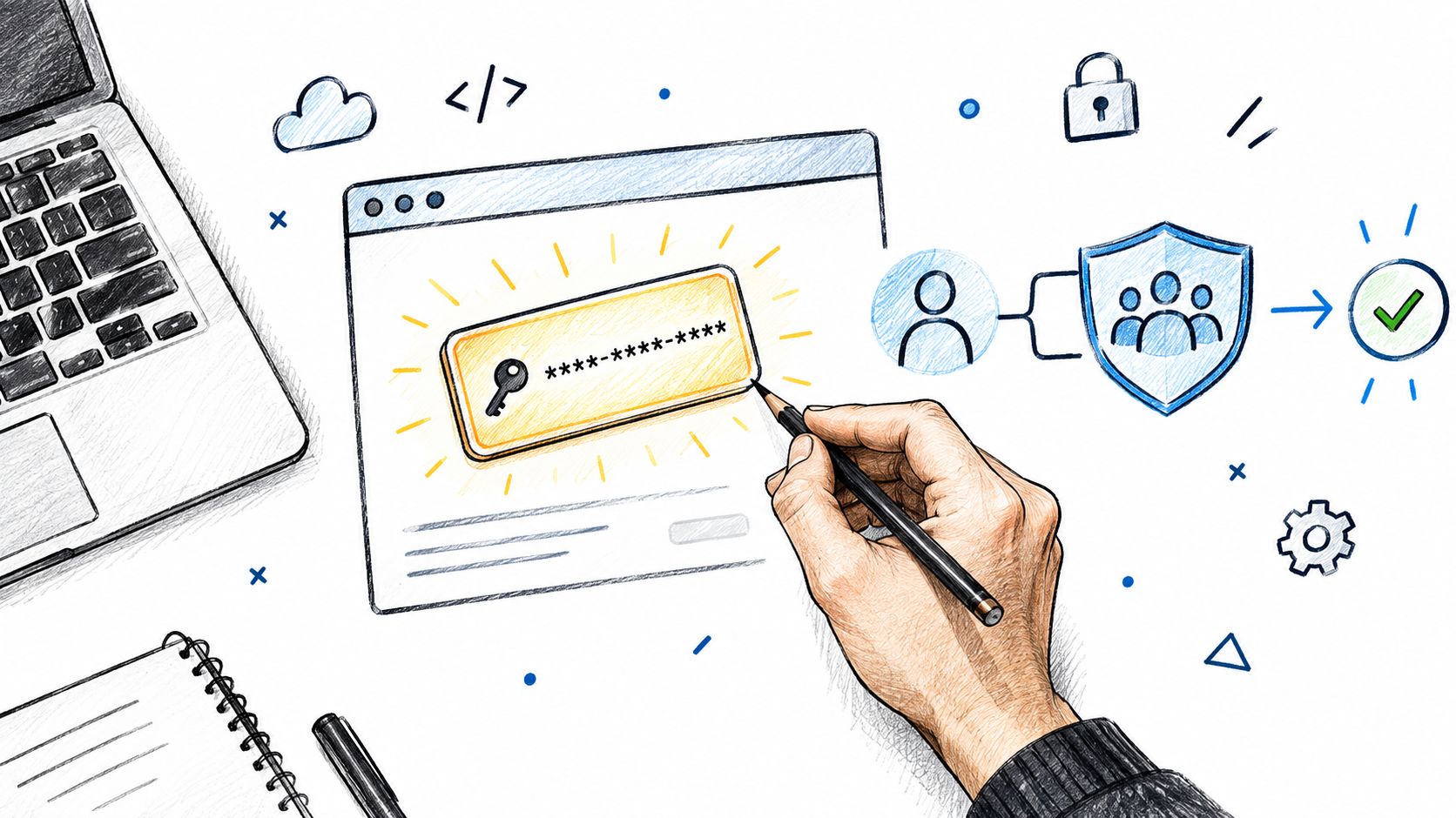 A hand drawing a digital key on a computer screen representing secure API key authentication process.