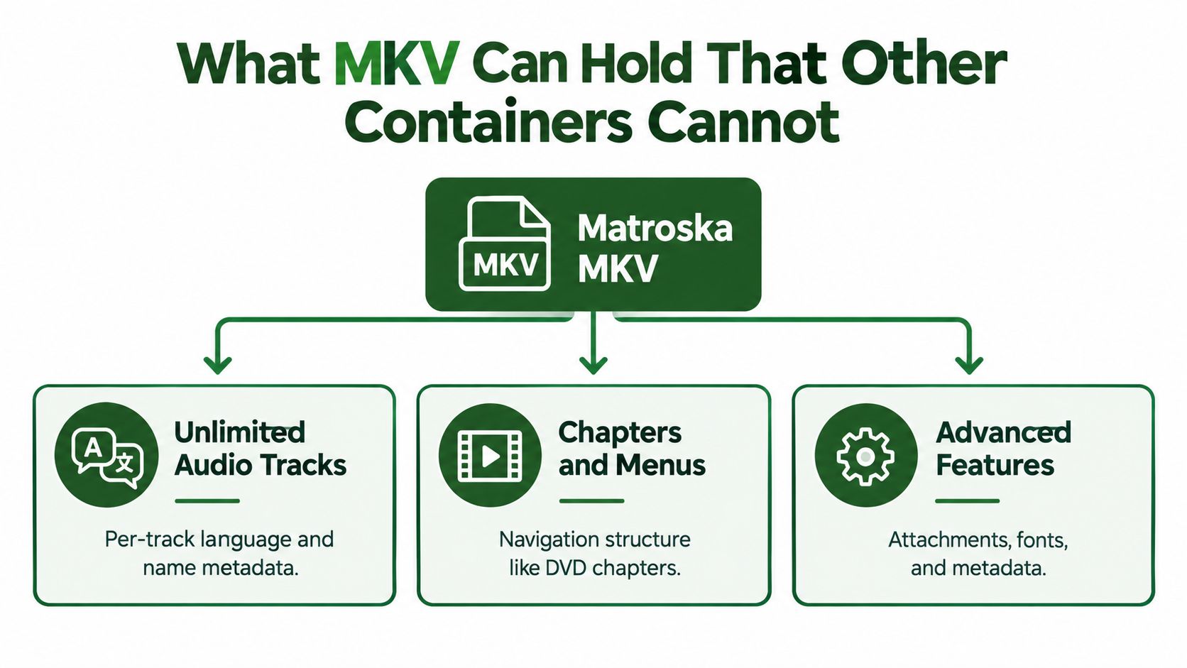 An infographic illustrating that MKV files can hold unlimited audio tracks, chapters, menus, and advanced metadata features.