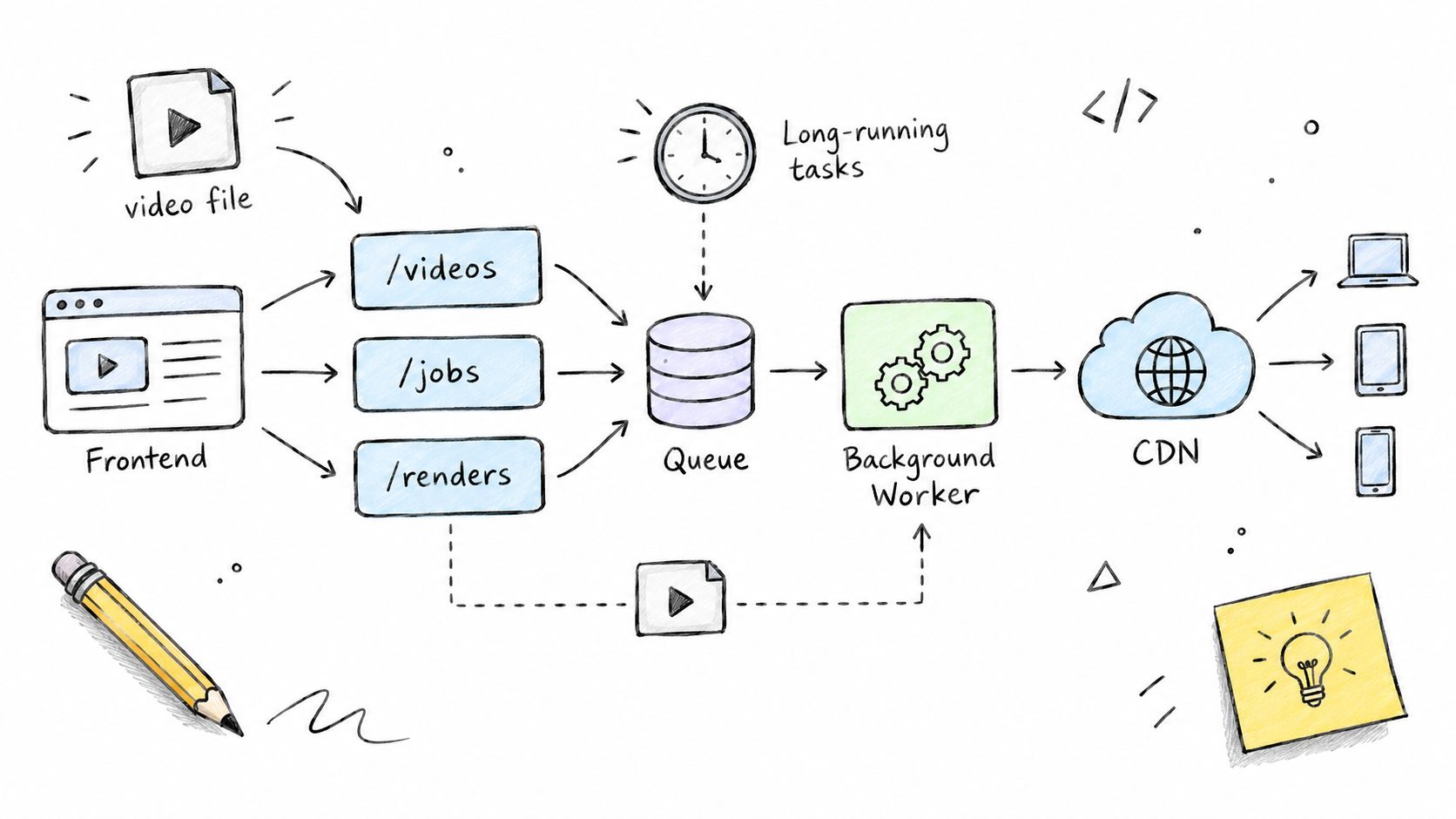 A hand-drawn diagram illustrating a software architecture pipeline for processing and serving video files via a background worker.