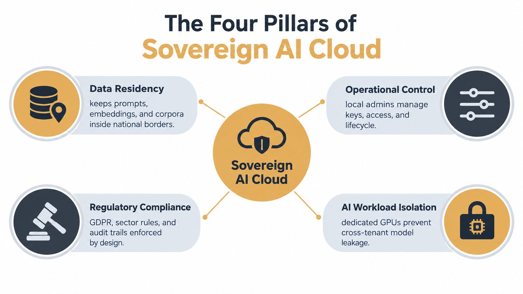 A diagram illustrating the four pillars of Sovereign AI Cloud: Data Residency, Operational Control, Regulatory Compliance, and AI Workload Isolation.