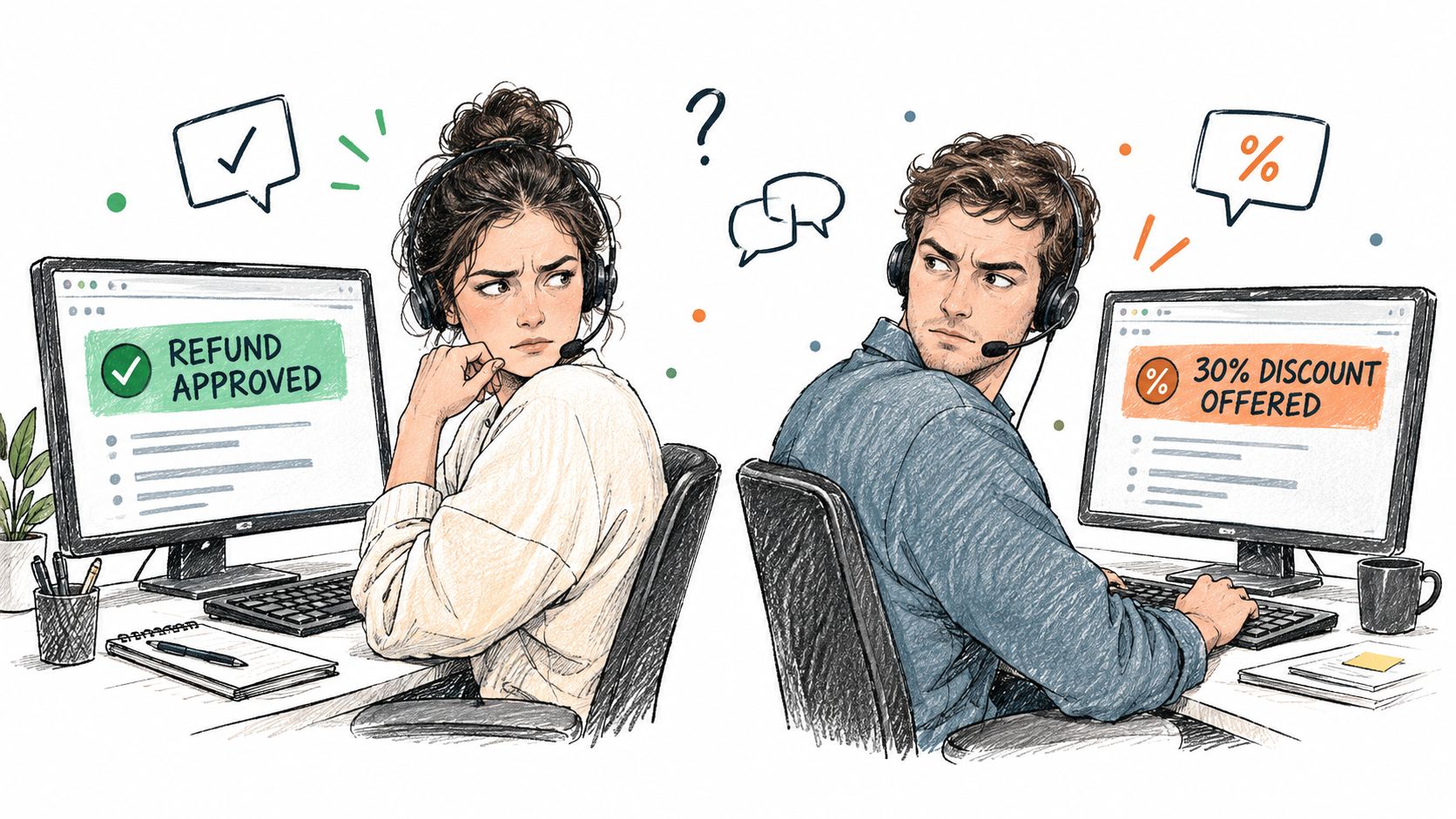 Customer support agents looking at each other with screens showing different options for refund or discount.