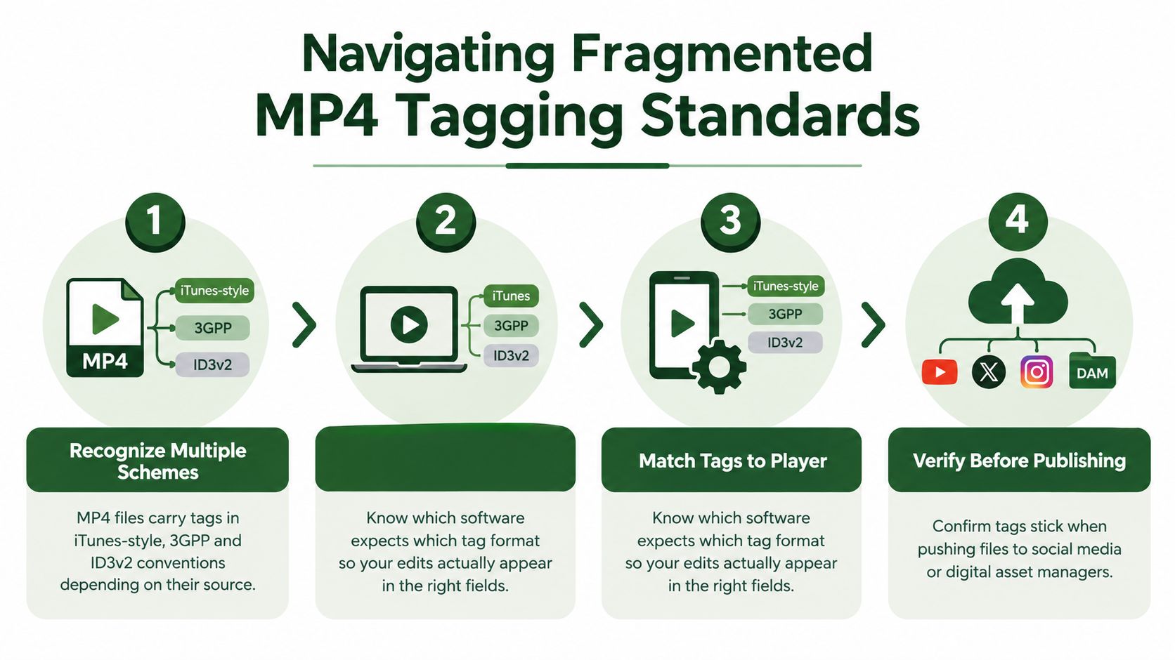 A four-step infographic illustrating how to manage and verify different MP4 file metadata tagging standards.
