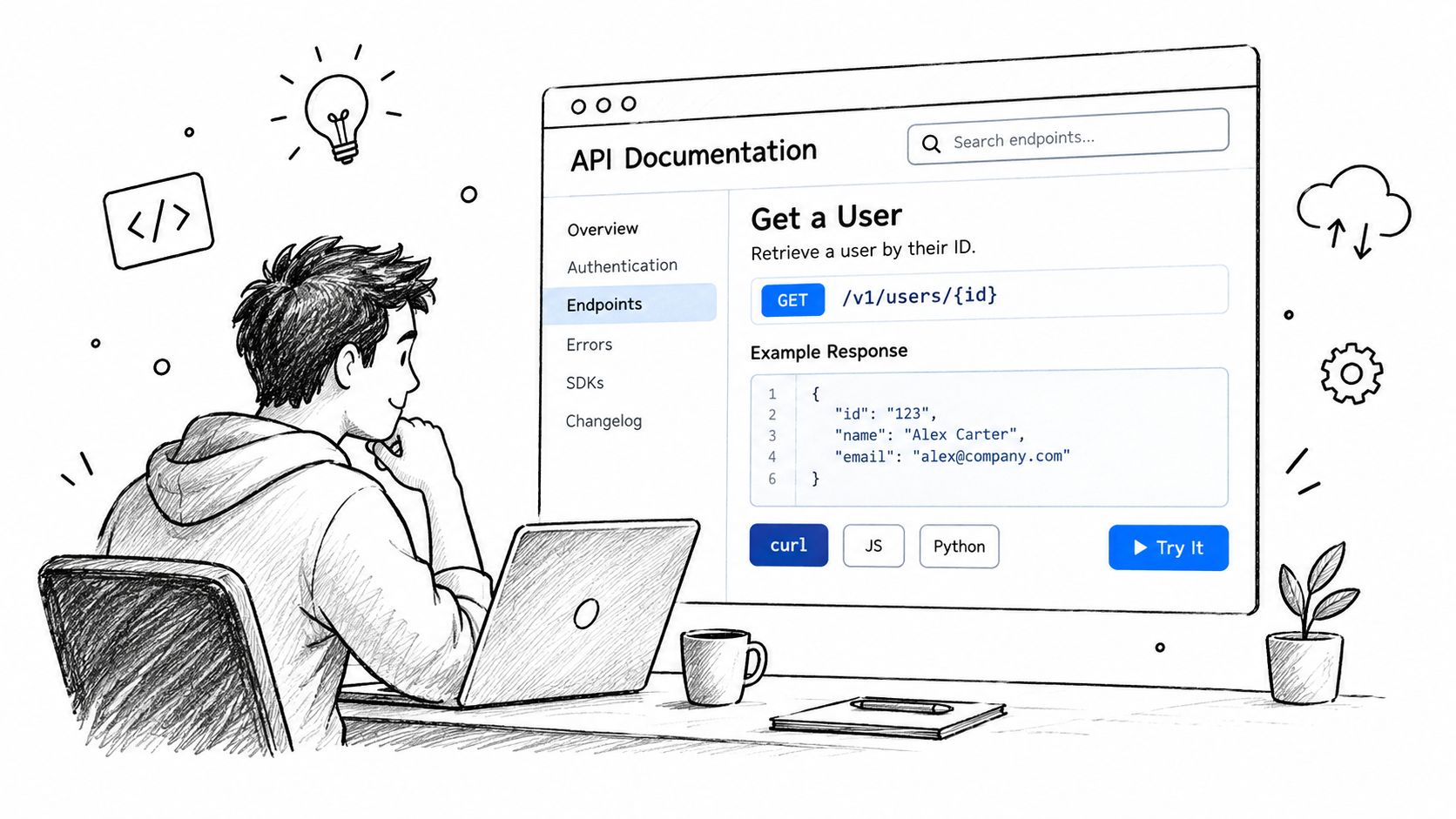 A person sketching at a computer desk while viewing technical API documentation on a large digital screen.