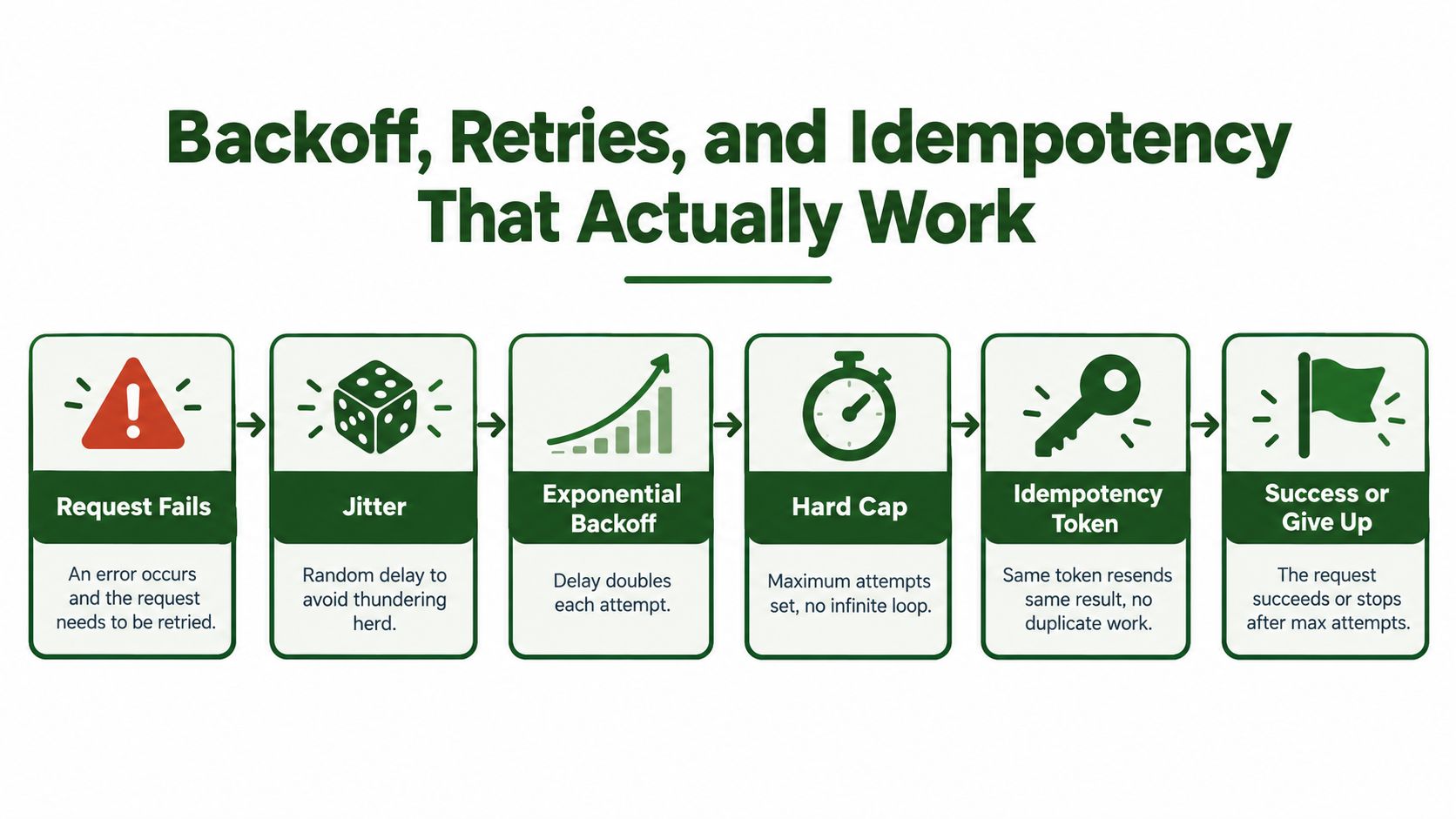 A flowchart infographic titled Backoff, Retries, and Idempotency illustrating the steps to handle failed API requests.