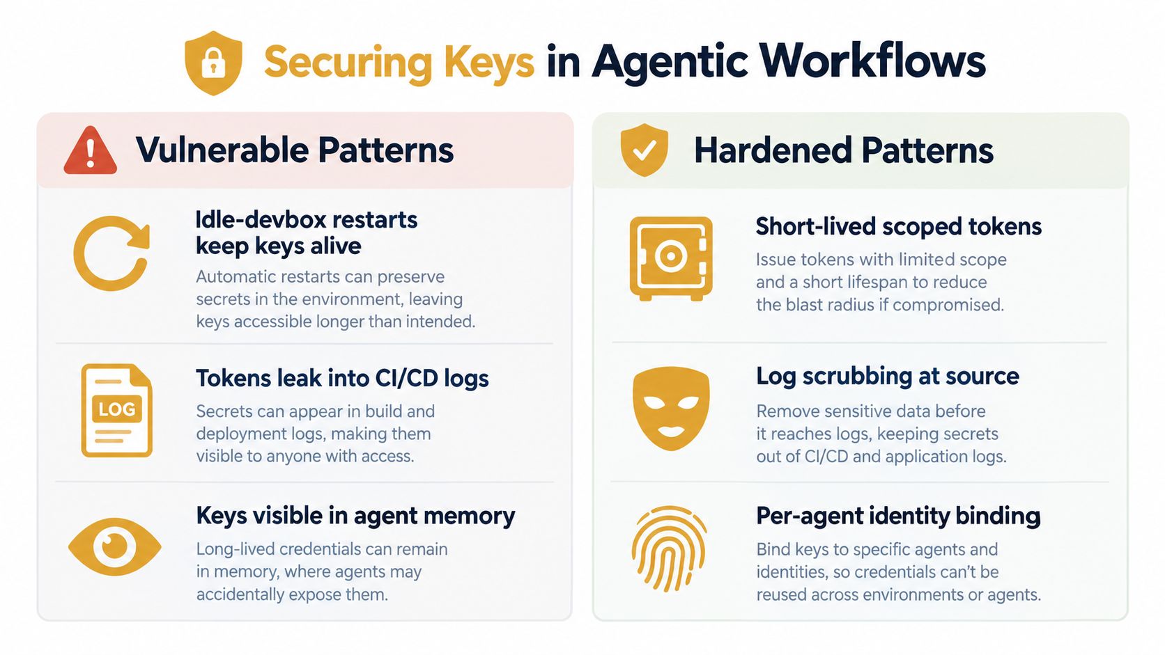 A comparative guide showing vulnerable and hardened security patterns for managing keys within agentic AI workflows.