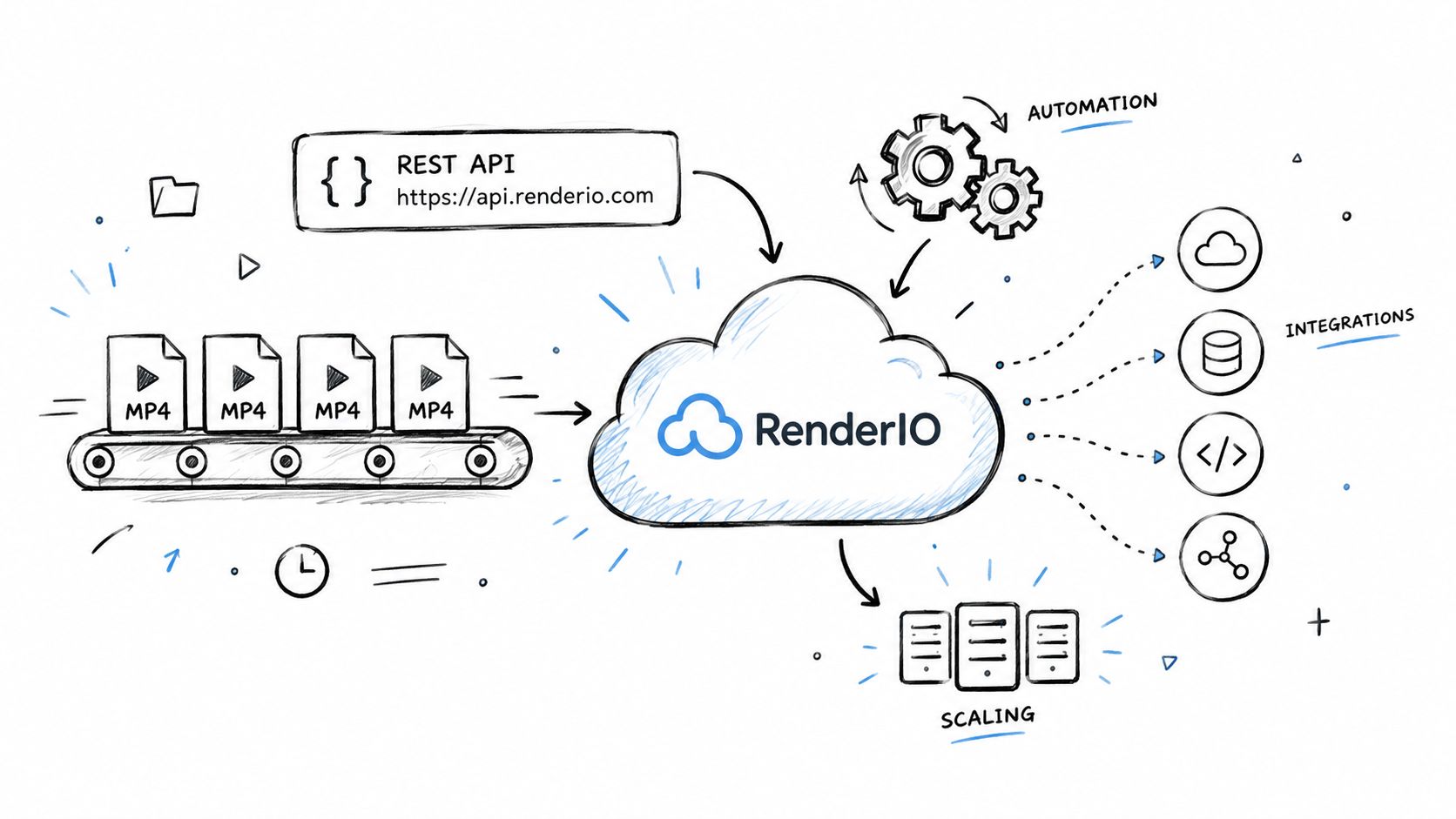 A hand-drawn illustration showing a video processing workflow with MP4 files being sent to RenderIO cloud platform.