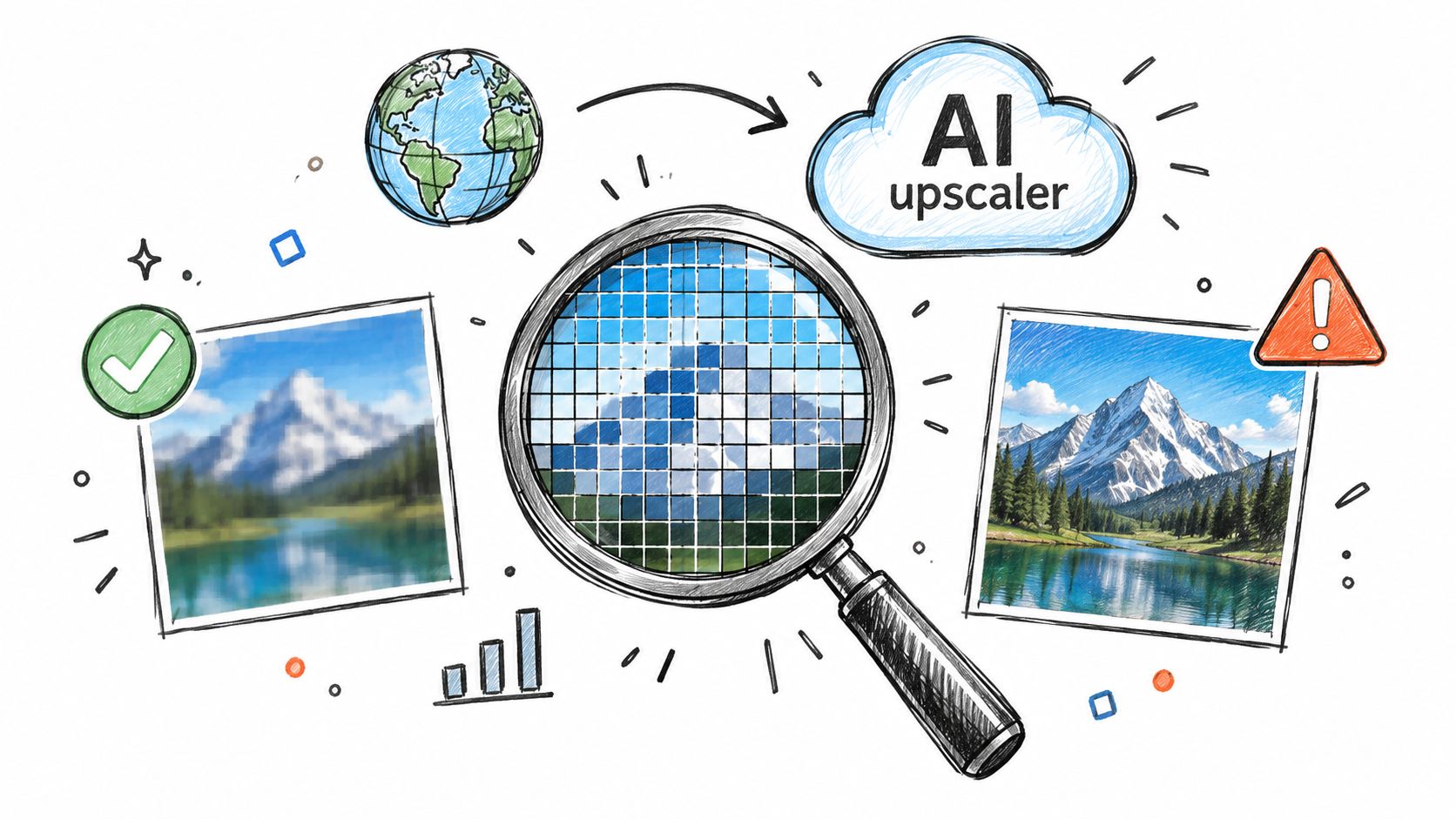 A conceptual illustration showing a blurry photo being processed by an AI upscaler to become high resolution.
