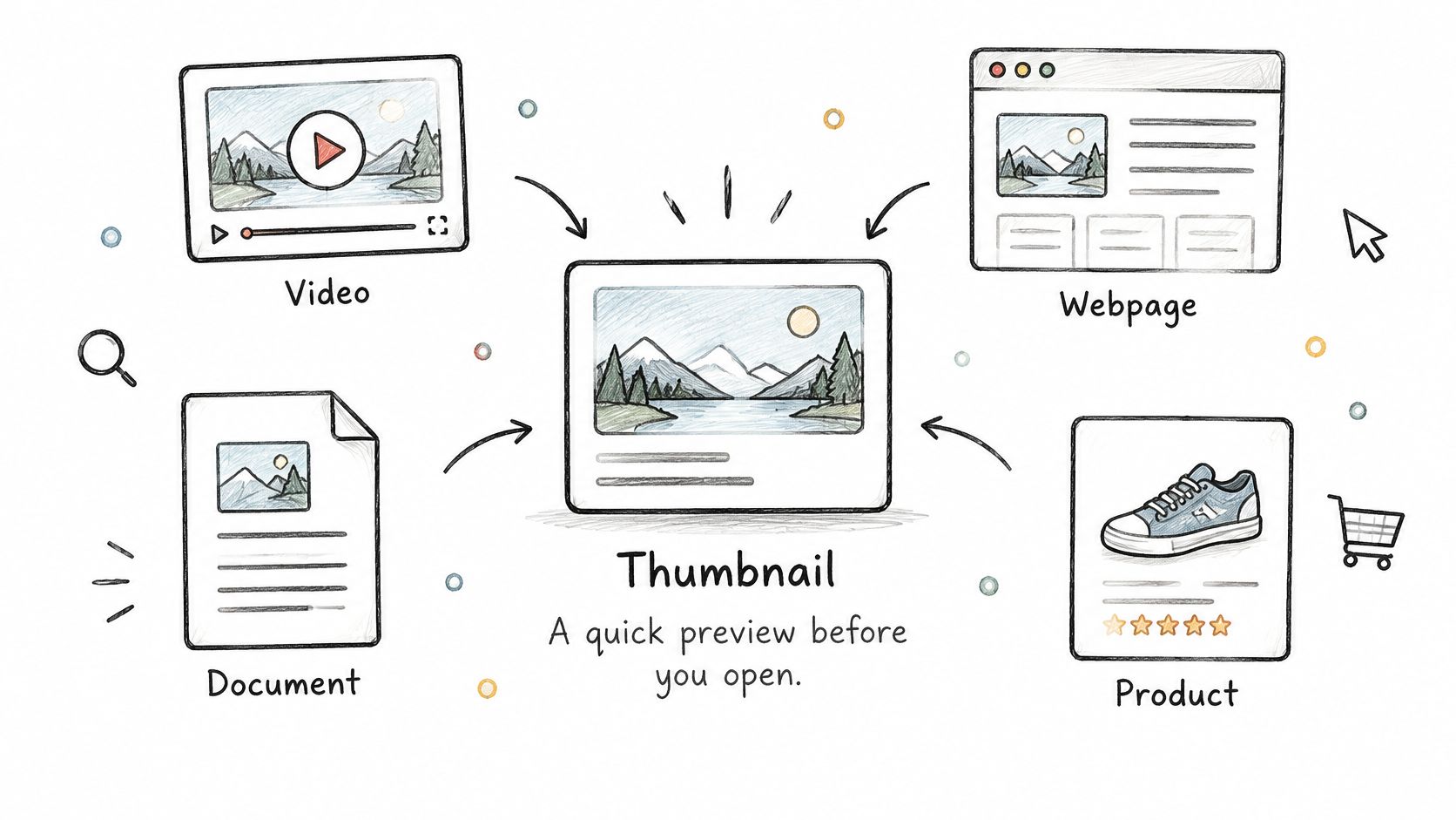 A hand-drawn illustration showing how a thumbnail provides a quick preview for videos, webpages, documents, and products.