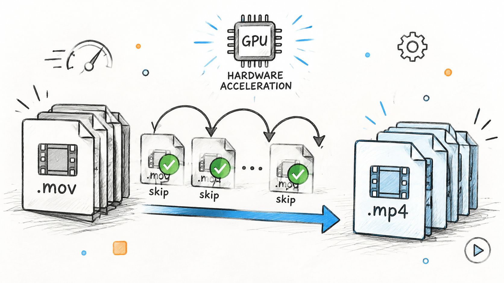 A diagram illustrating video conversion from .mov to .mp4 format using hardware acceleration via a GPU.