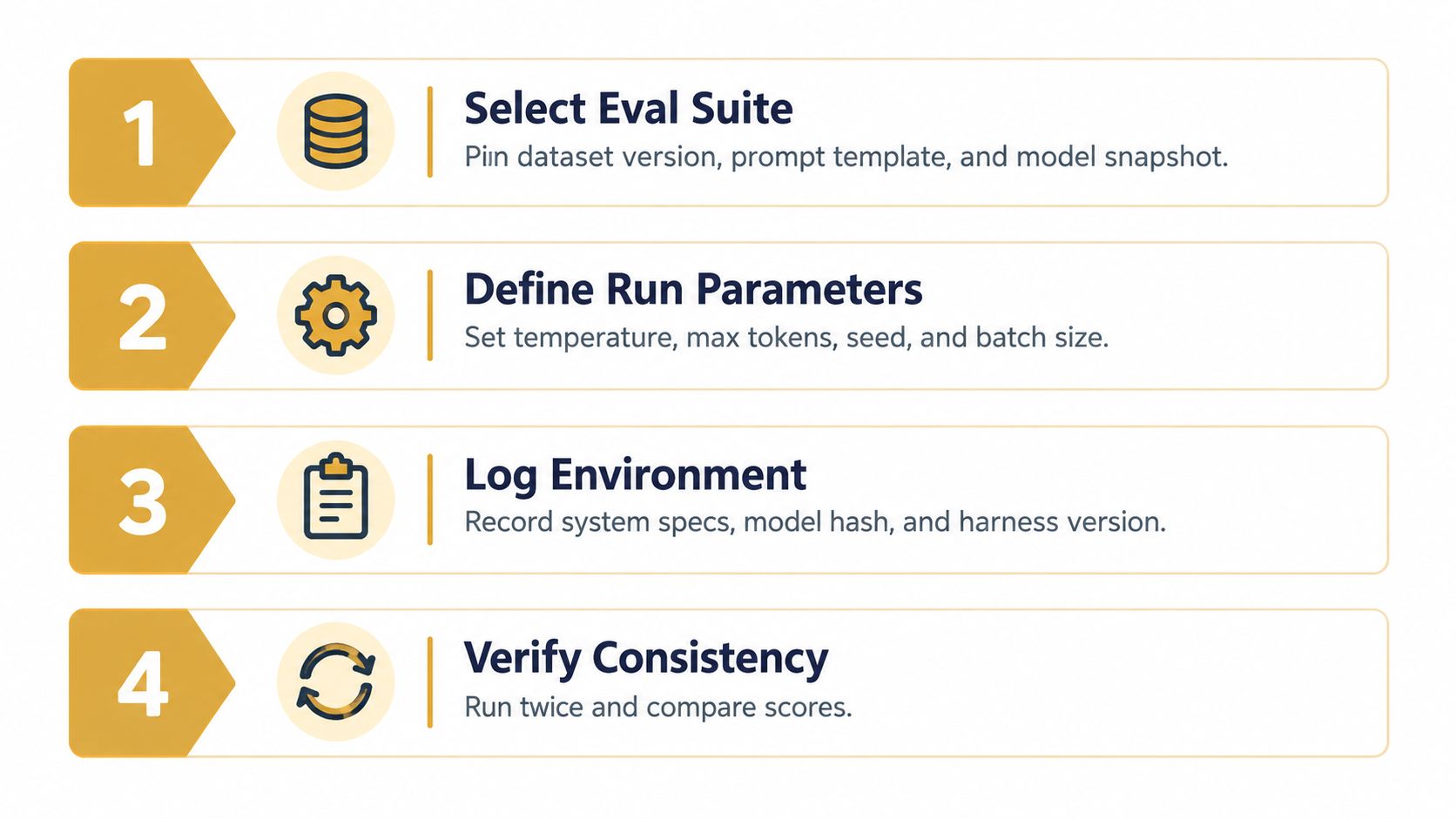A four-step process for LLM evaluation showing how to select a suite, define parameters, log environment, and verify consistency.