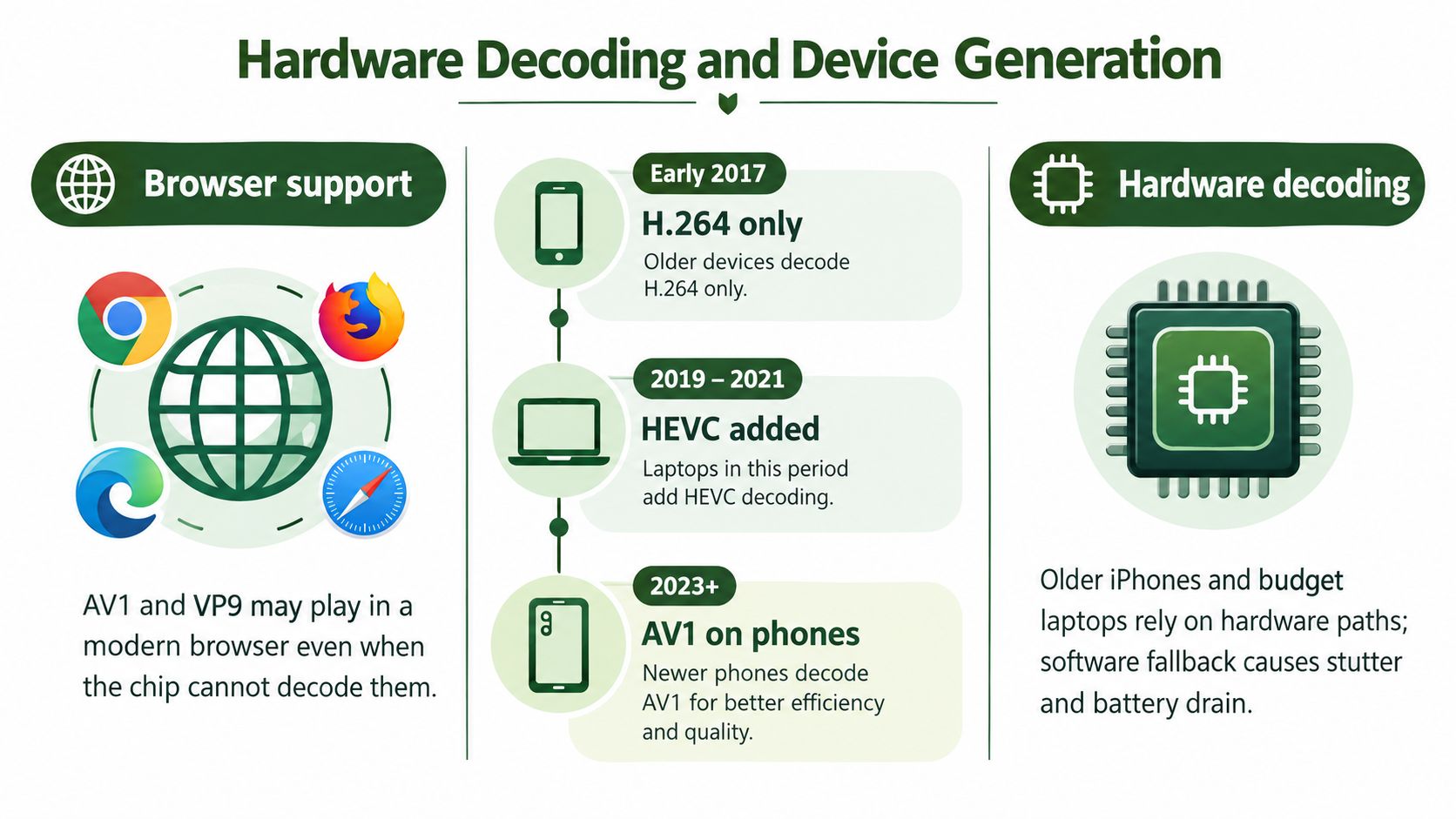 A infographic explaining the evolution of hardware decoding for video codecs like H.264, HEVC, and AV1.