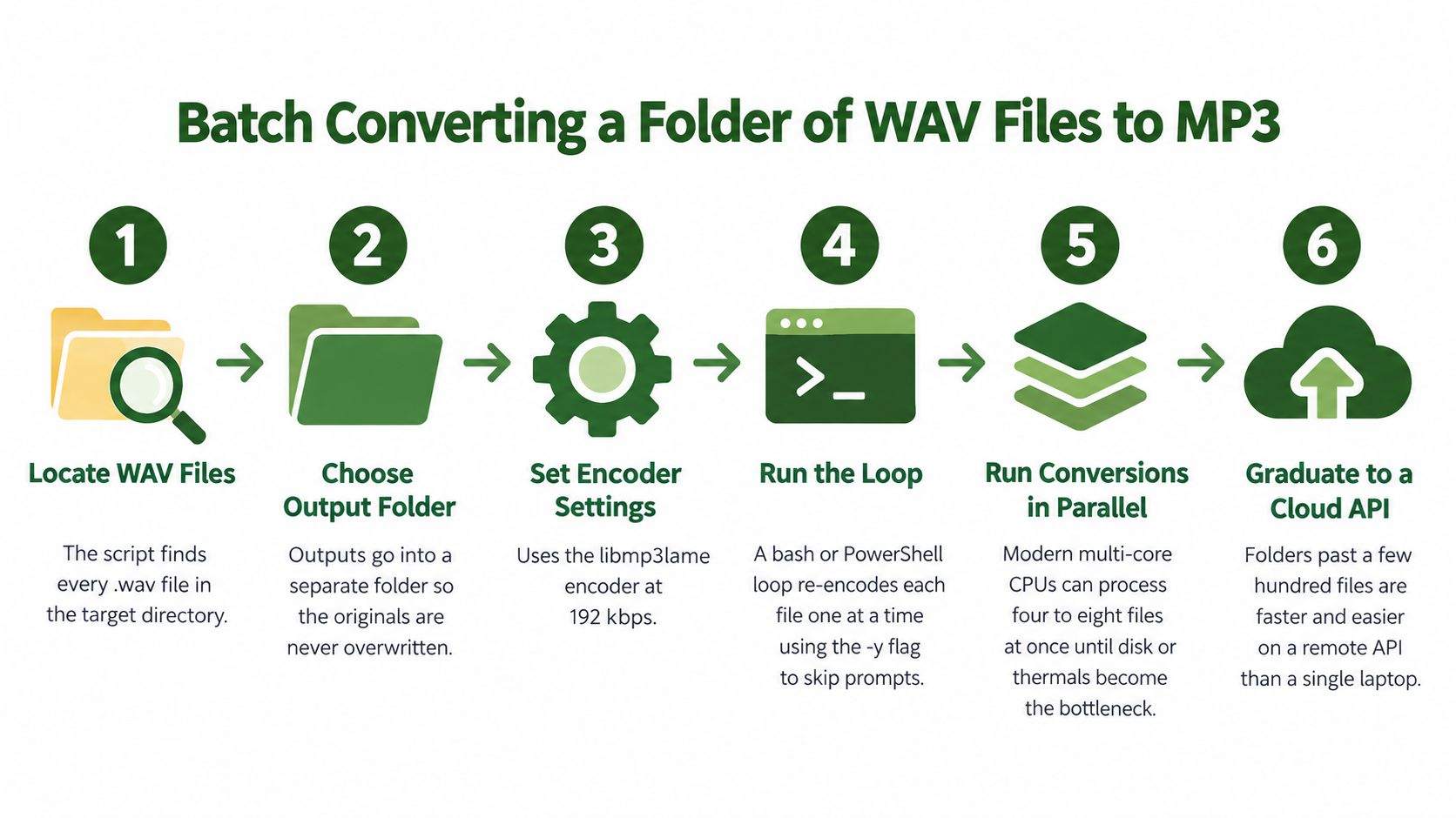 A six-step infographic illustrating the process of batch converting WAV audio files to MP3 format.