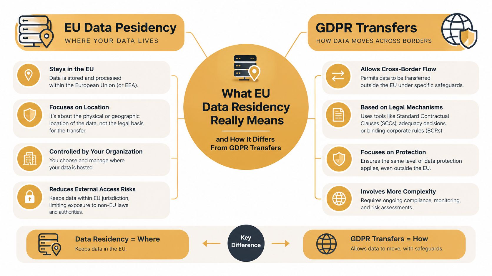 An infographic explaining the differences between EU data residency requirements and GDPR cross-border data transfer regulations.