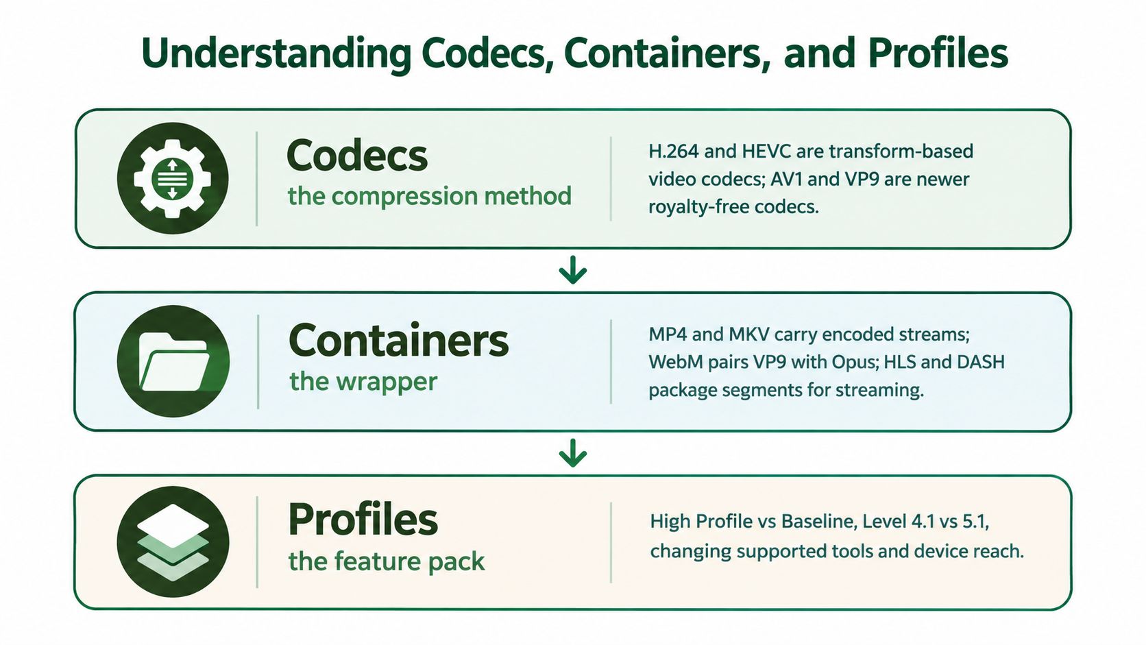 An infographic explaining the differences between video codecs, containers, and profiles with descriptive text examples.