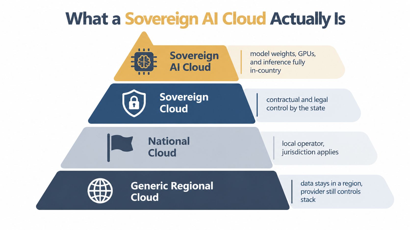 A hierarchical pyramid diagram illustrating the layers of cloud computing sovereignty from generic to sovereign AI.