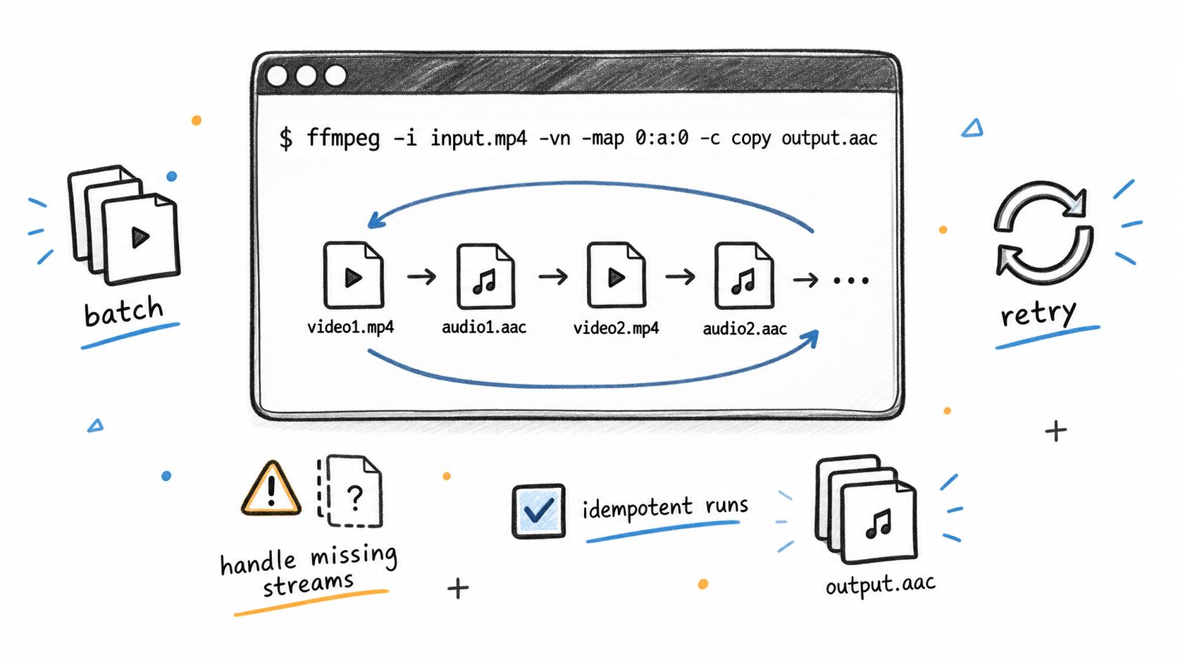 A hand-drawn illustration showing a terminal command for extracting audio from video files in batch processing.