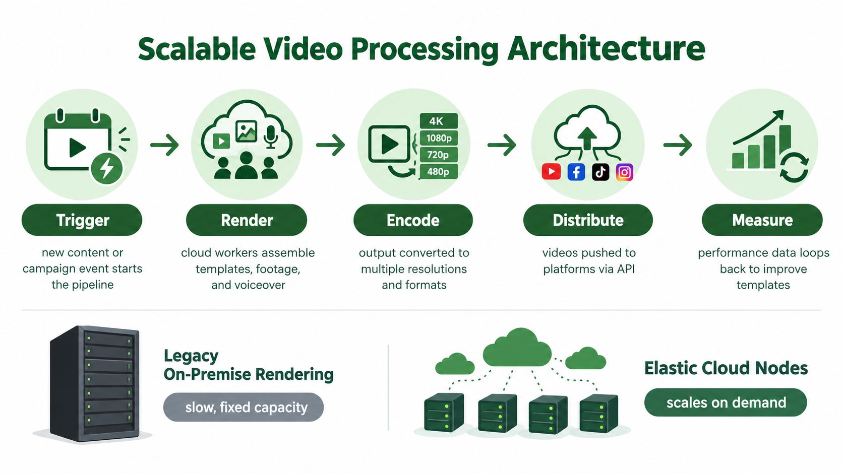 A diagram illustrating a scalable video processing architecture with steps from trigger to render, encode, distribute, and measure.