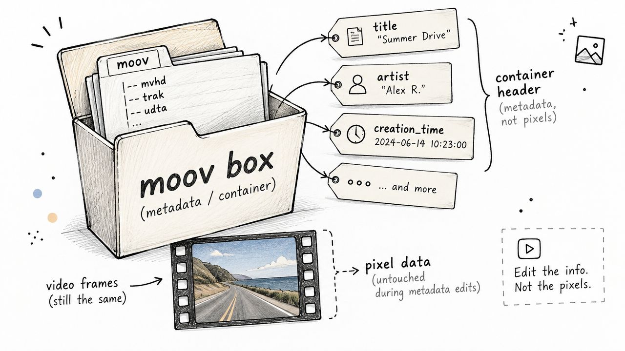 A diagram illustrating the MP4 file structure, showing metadata in the moov box and separate pixel data.