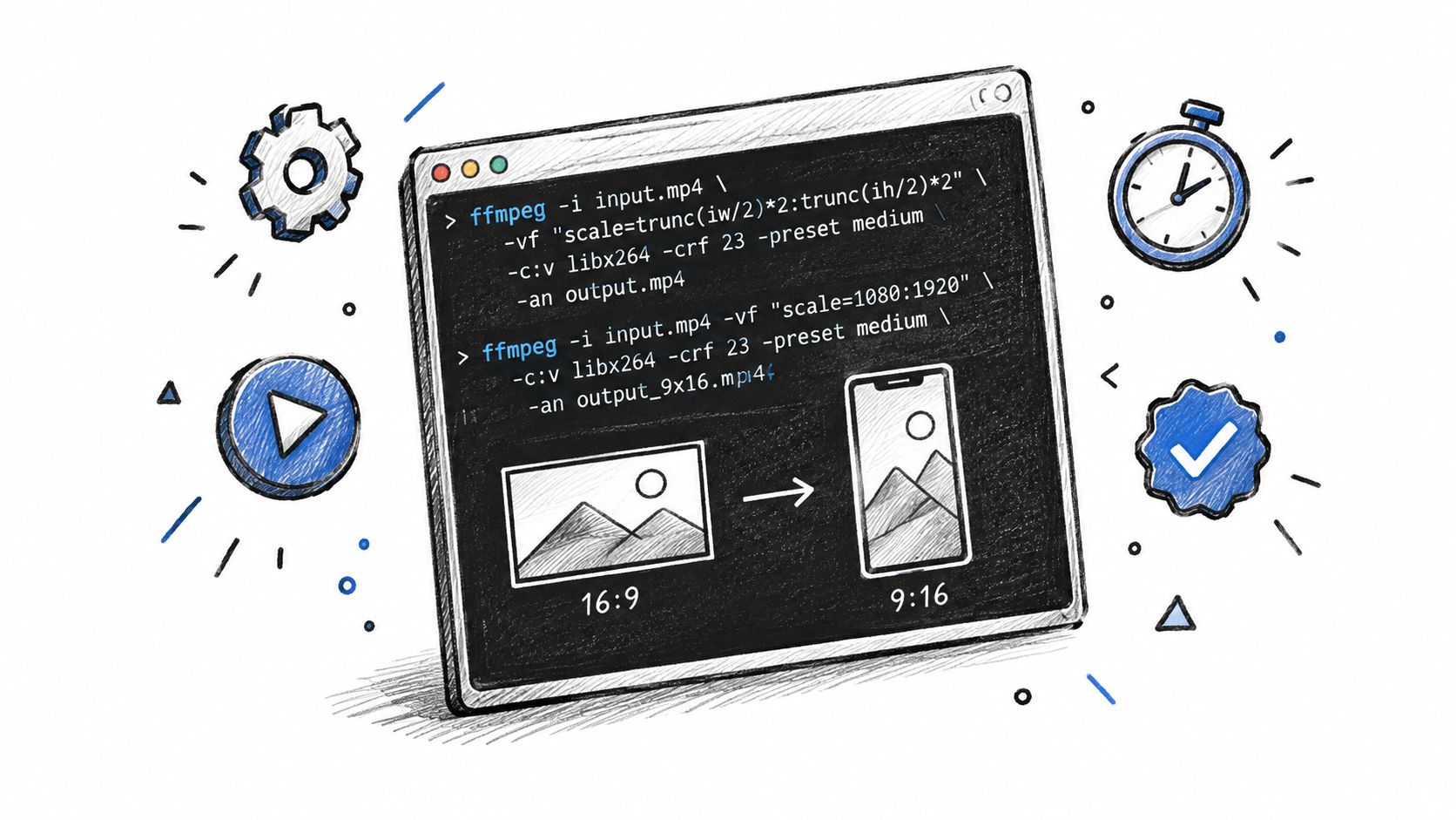 A hand-drawn illustration depicting FFmpeg commands for converting 16:9 widescreen videos into 9:16 vertical smartphone format.