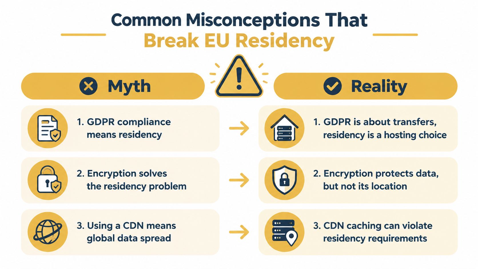 An infographic contrasting common misconceptions and the reality of data residency requirements within the European Union.