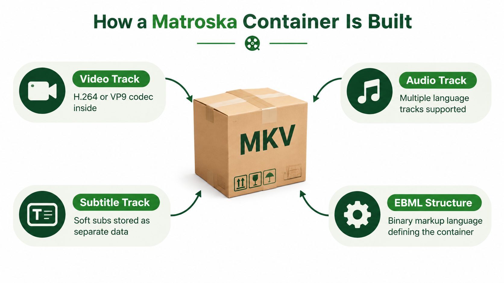 A diagram explaining how a Matroska MKV container combines video, audio, subtitles, and EBML data structure.