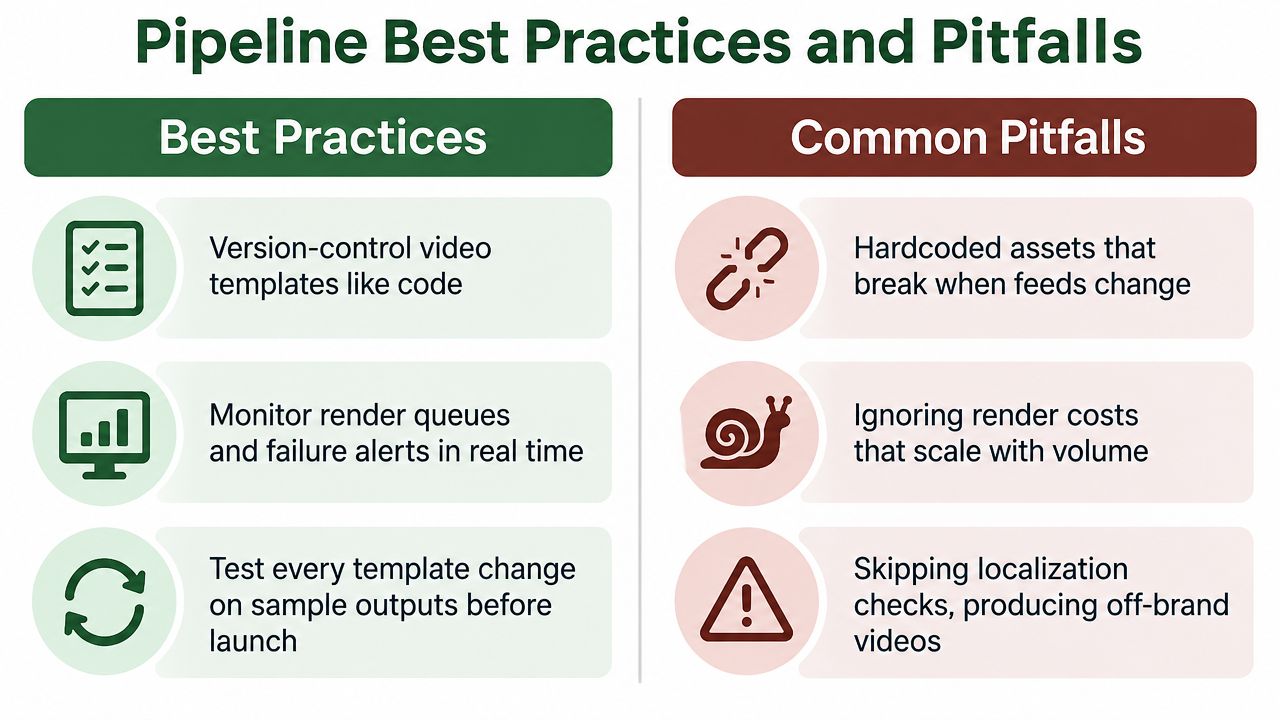 An infographic titled Pipeline Best Practices and Pitfalls comparing recommended video workflow strategies with common mistakes.