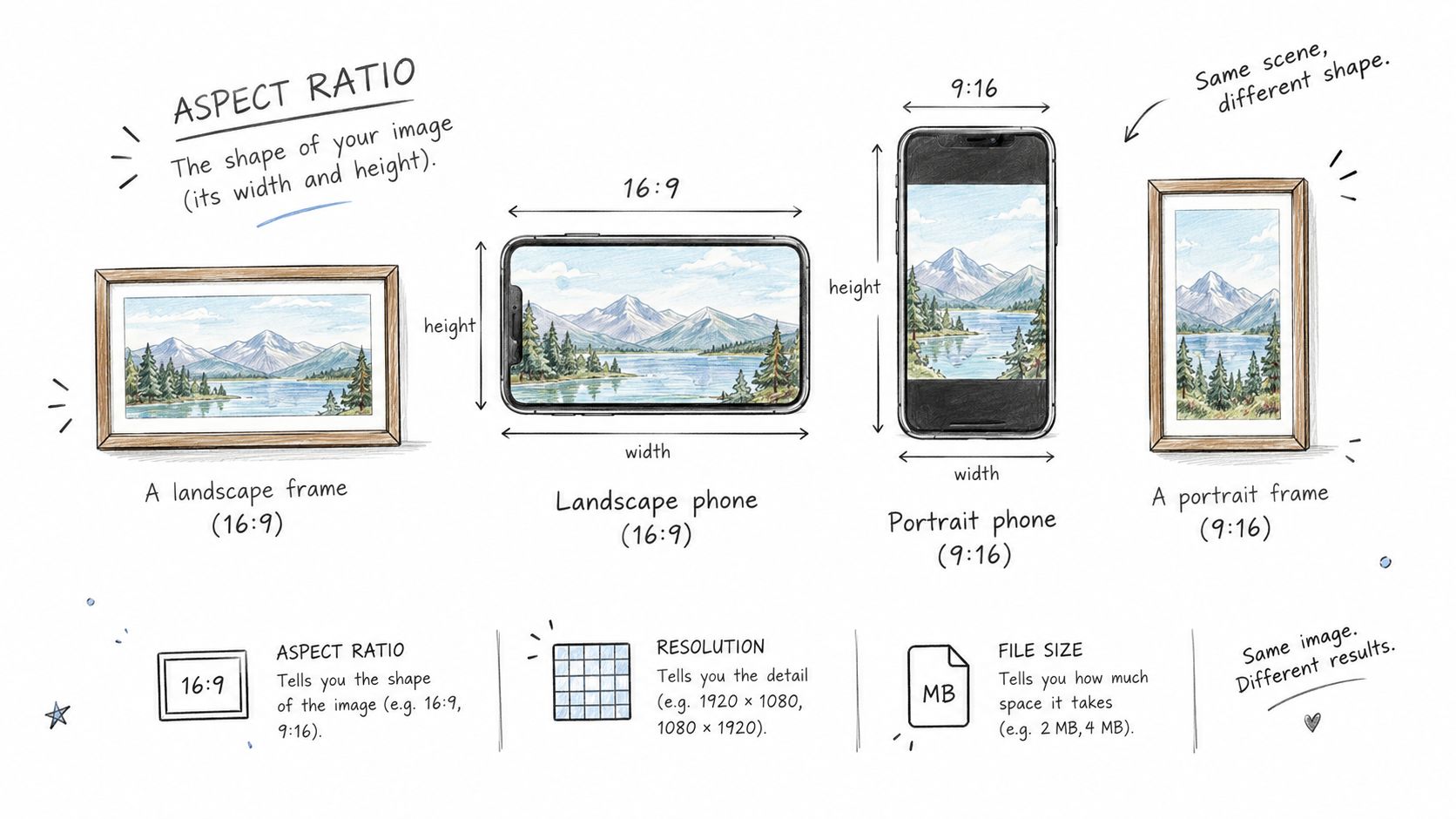 A hand-drawn illustration explaining aspect ratio, resolution, and file size with landscape and portrait examples.