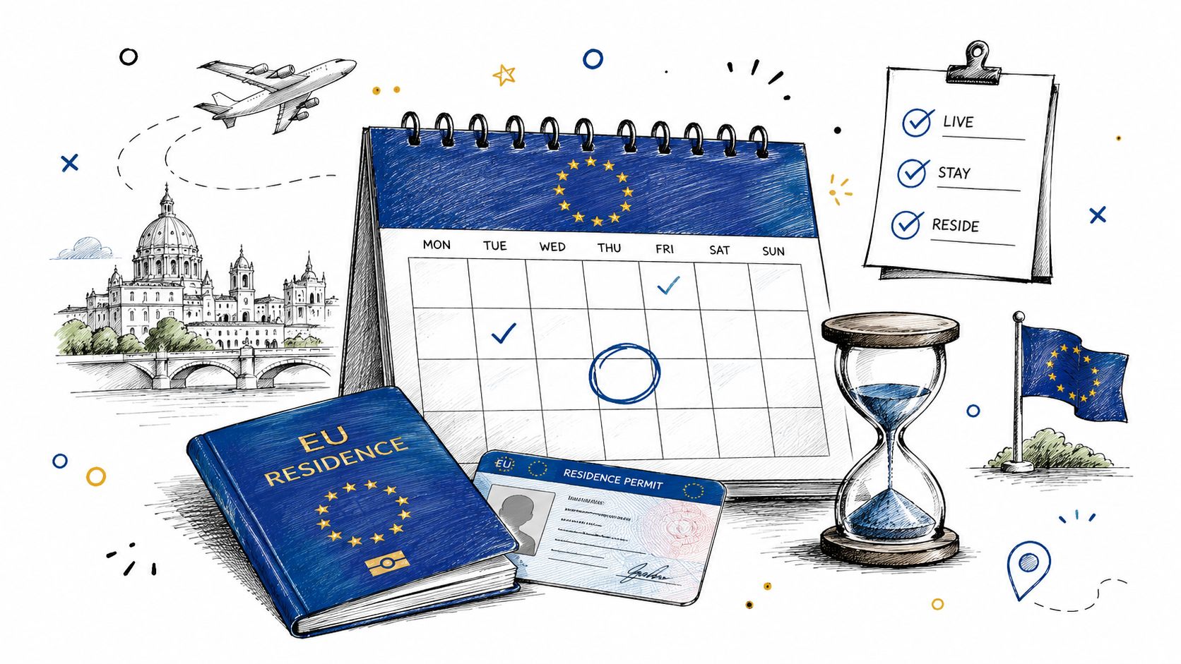 A hand-drawn illustration depicting EU residency documents, a calendar, an hourglass, and an airplane against European landmarks.