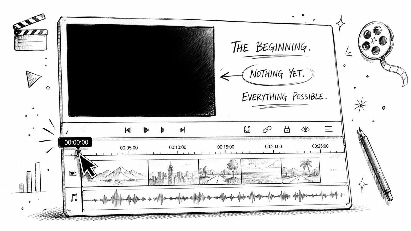 A hand-drawn sketch of a video editing interface displaying a timeline, preview screen, and various creative tools.