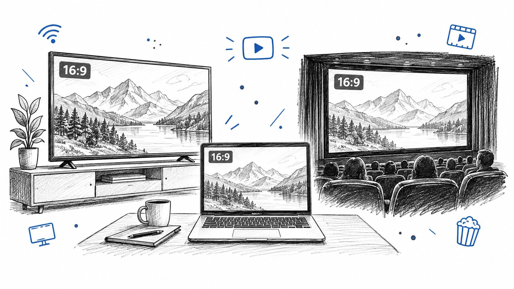 A hand-drawn illustration showing 16:9 aspect ratio screens on a television, laptop, and movie theater screen.
