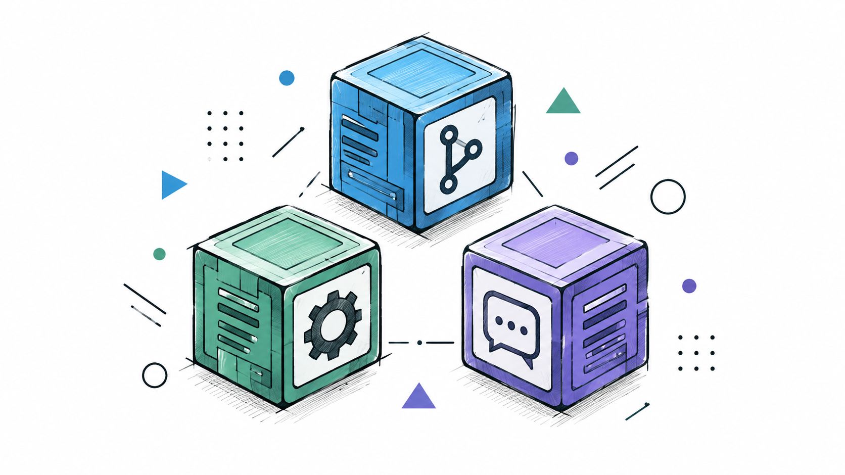 A digital illustration showing three colorful isometric cubes representing technology modules, workflow integration, and software development concepts.