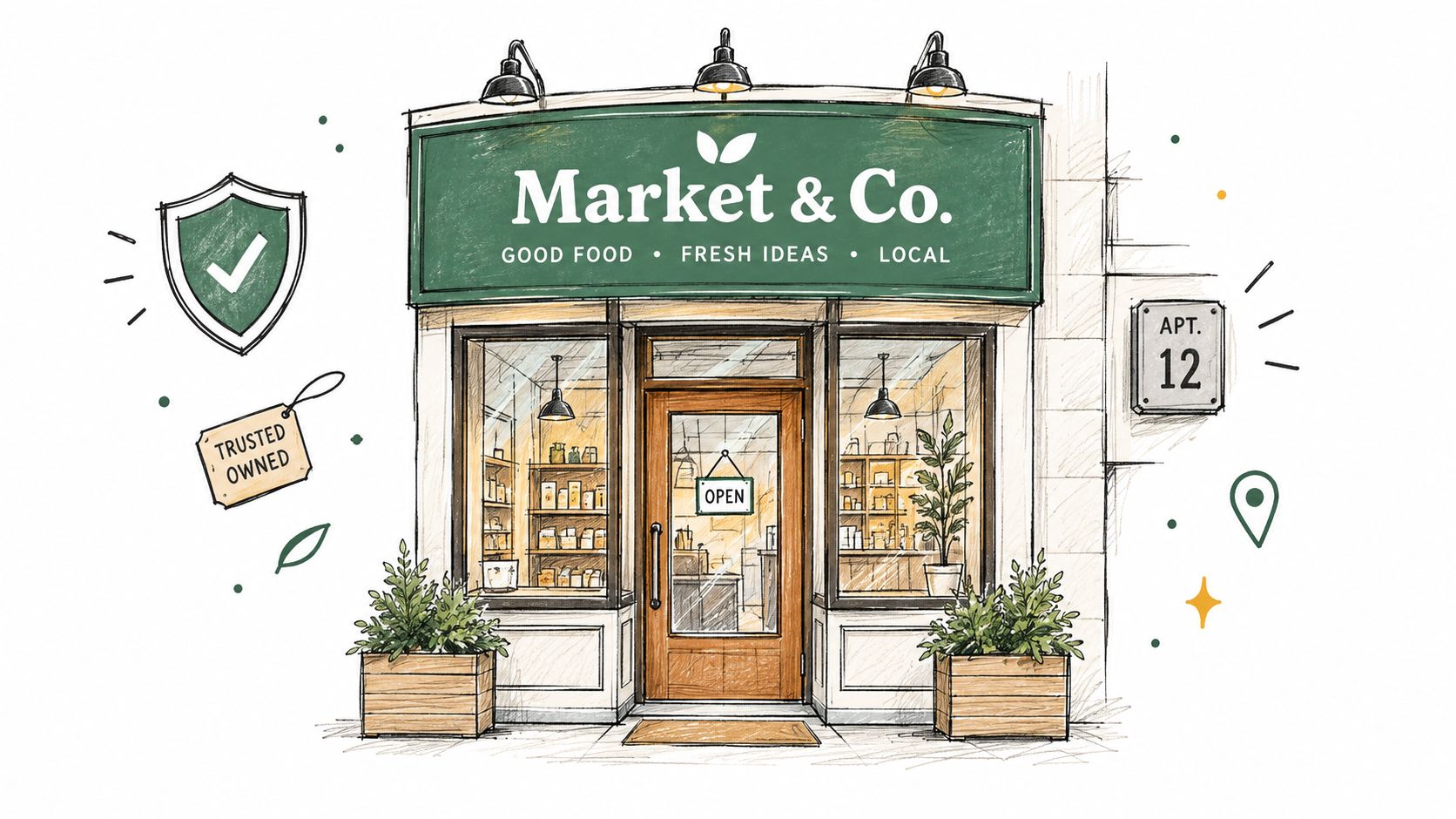 A hand-drawn illustration of a local grocery storefront with a green sign labeled Market and Co.