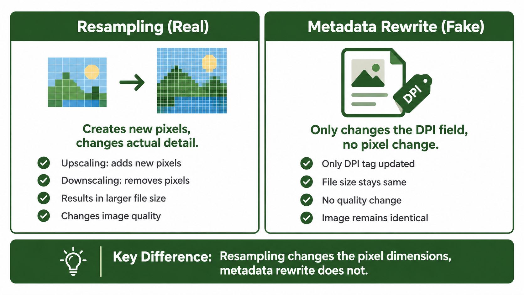 A comparison chart showing the difference between real image resampling and fake metadata DPI rewriting.