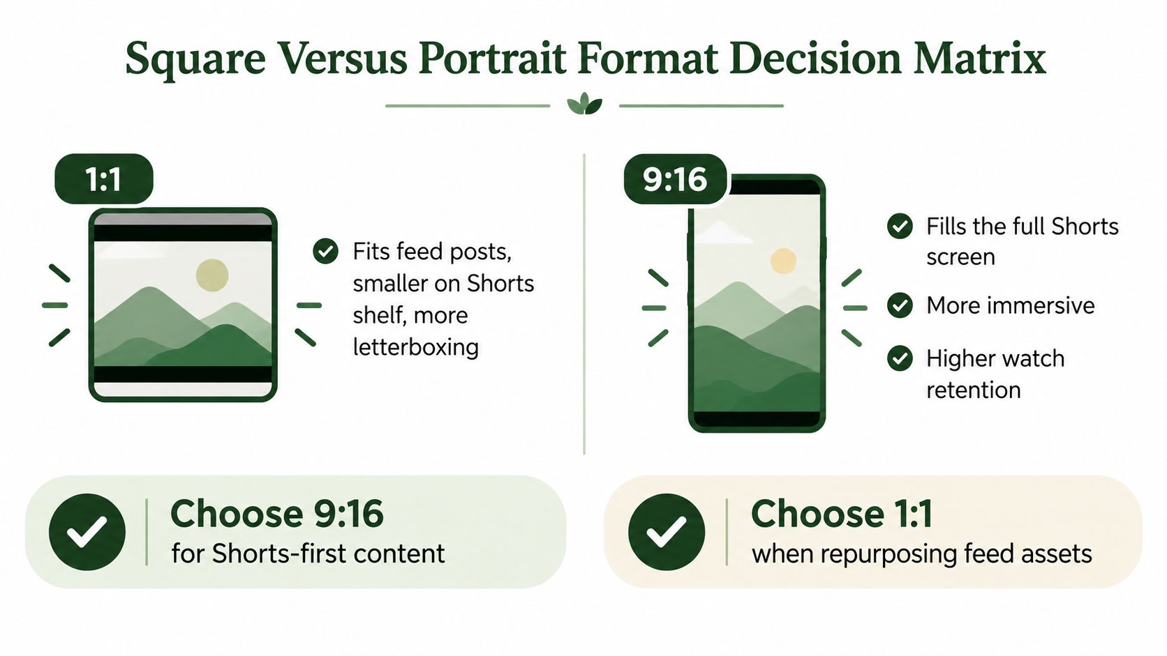 A decision matrix comparing square 1:1 and portrait 9:16 aspect ratios for YouTube Shorts content creation.