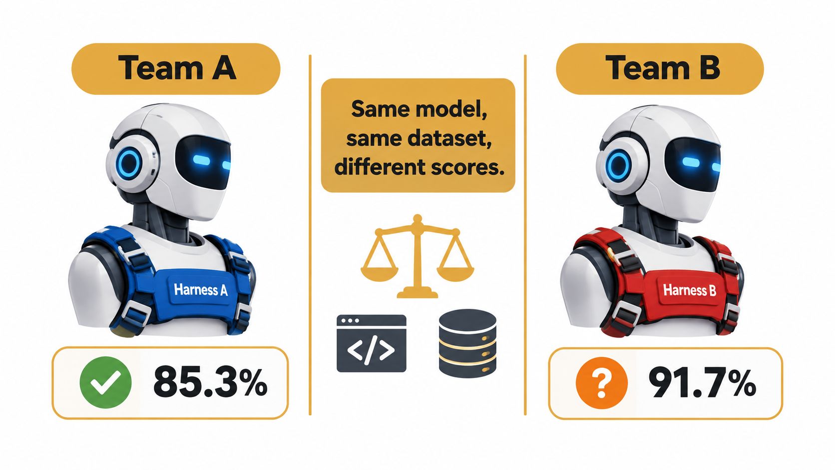 A conceptual diagram showing two robots with different harnesses evaluating the same model and dataset with varying scores.