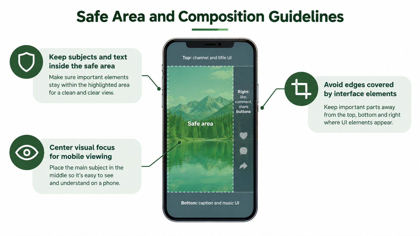 An infographic showing safe area guidelines for mobile video creation with interface element overlays.