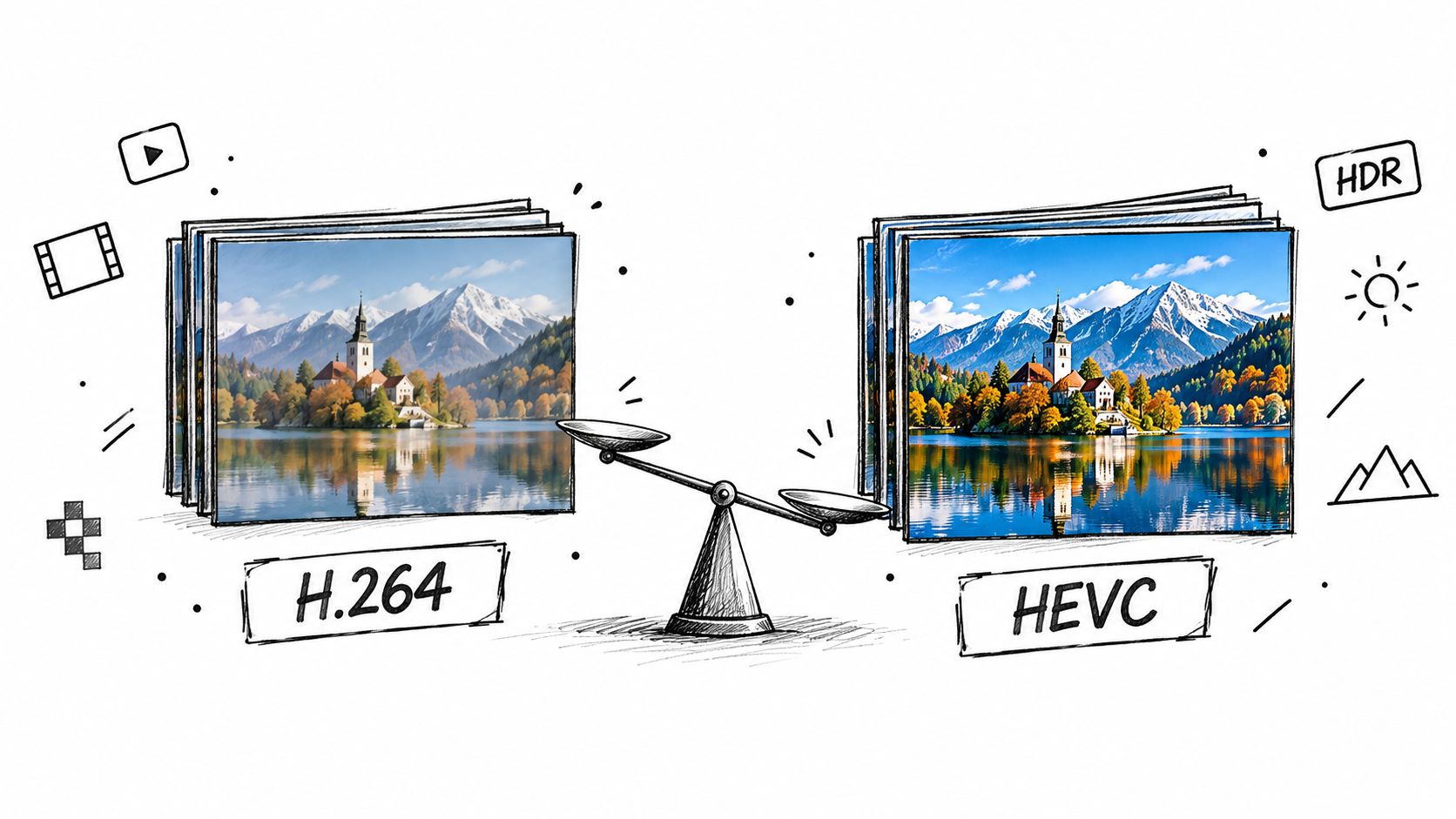 A digital illustration comparing H.264 and HEVC video compression standards using a balance scale metaphor.