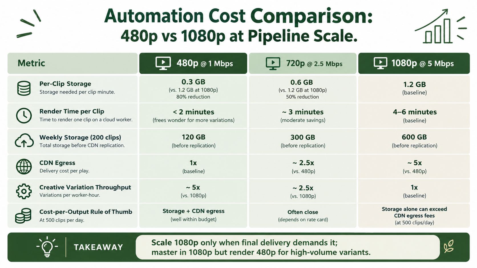 A comparison chart showing how 480p, 720p, and 1080p video resolutions impact storage, render time, and CDN costs.
