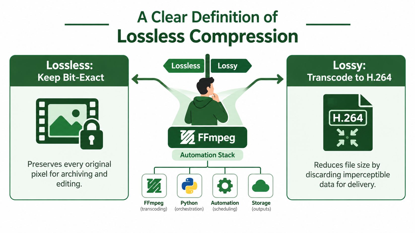 An infographic explaining the differences between lossless and lossy video compression using the FFmpeg automation stack.