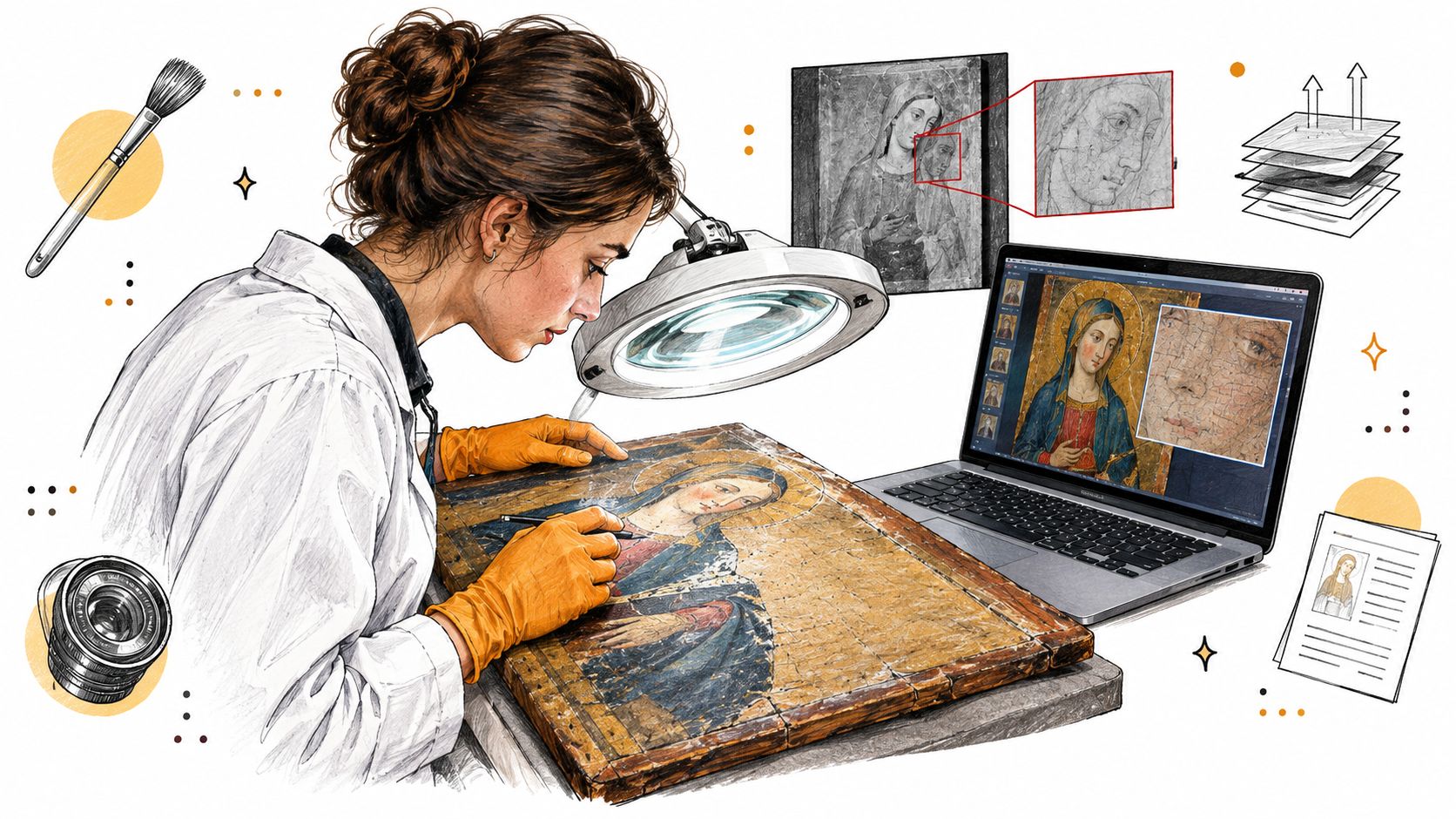An art conservator in a white lab coat using a magnifying lamp to study a religious painting.