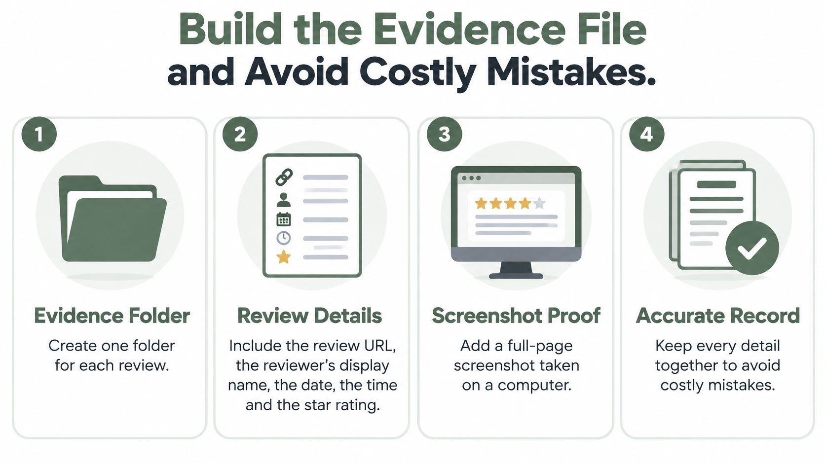 A four-step infographic illustrating how to build an evidence file to support Google business review removal.