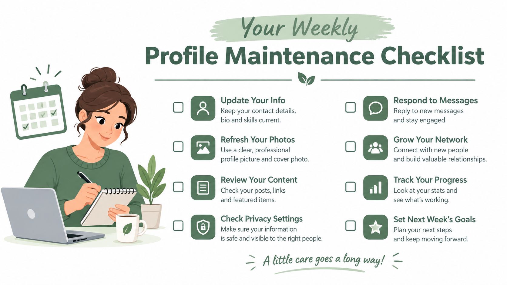 An illustration of a woman checking off tasks on a weekly professional profile maintenance checklist.