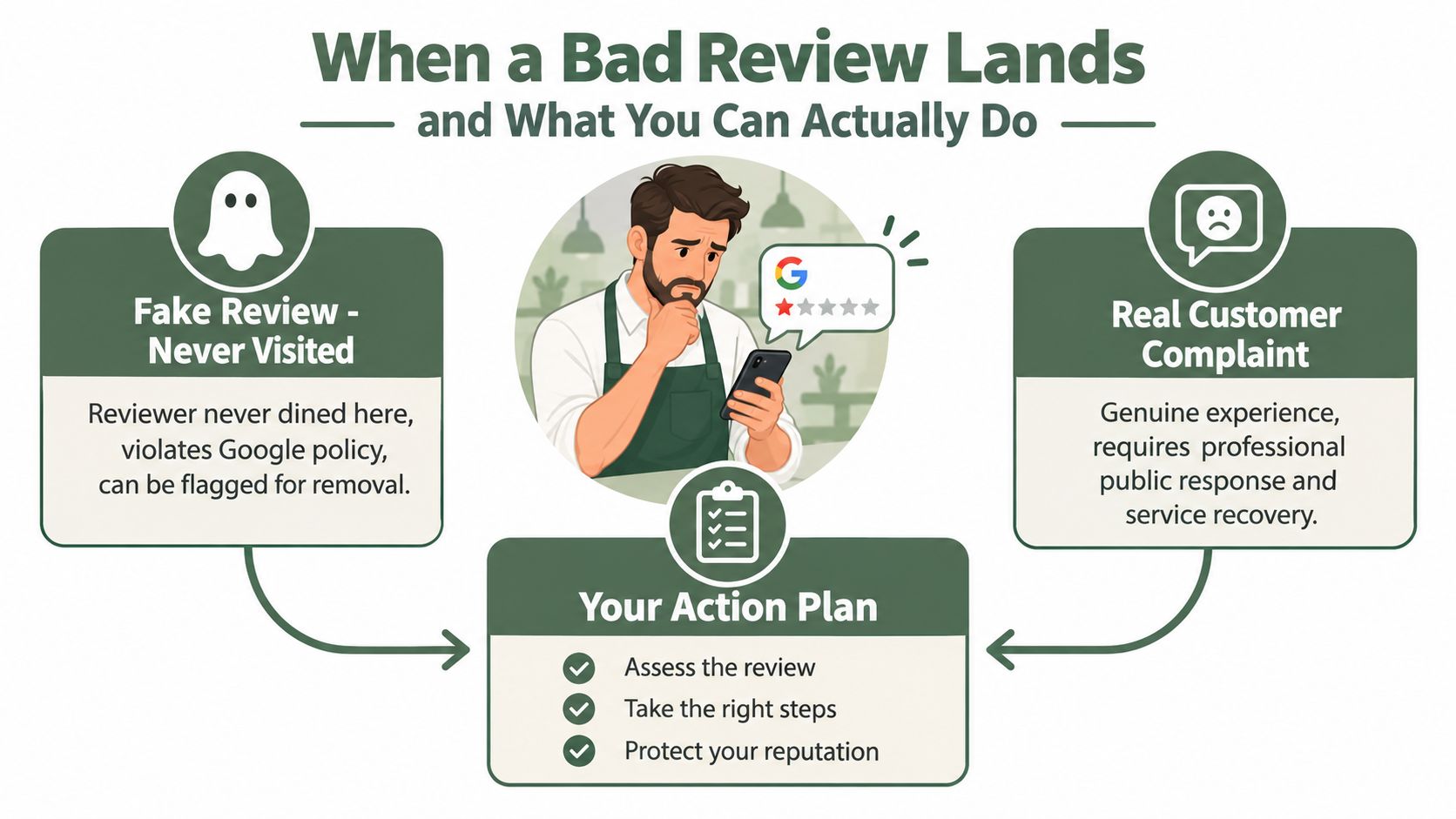 An infographic showing a business owner's guide to managing fake or genuine negative Google business reviews effectively.