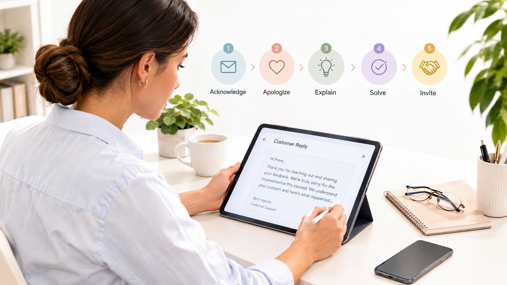 A professional woman uses a digital tablet to draft a customer service response using a five-step communication strategy.