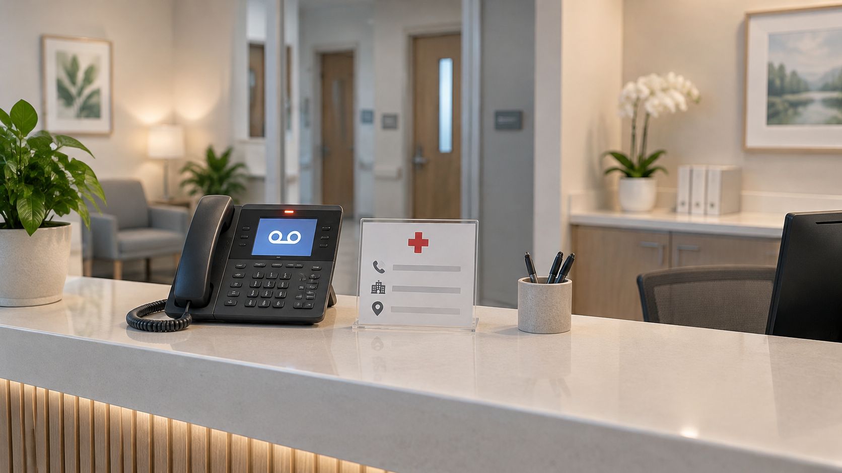 A professional reception desk in a medical office featuring a desk phone with a voicemail icon displayed.