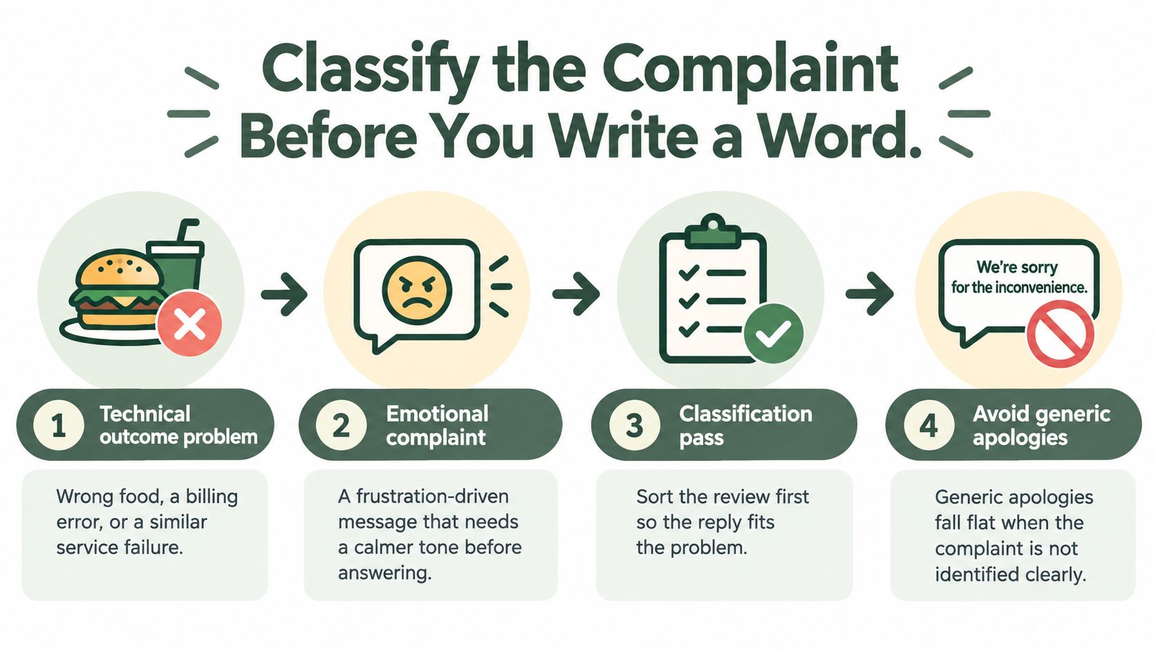 A four-step infographic illustrating how to classify and respond to customer complaints effectively.