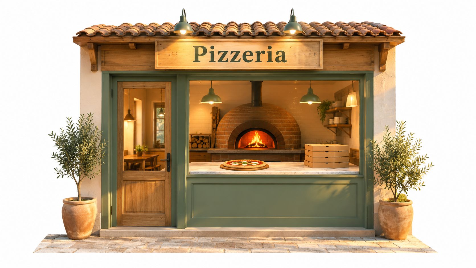 A charming rustic Italian pizzeria storefront with a wood-fired oven and fresh pizza on a marble counter.