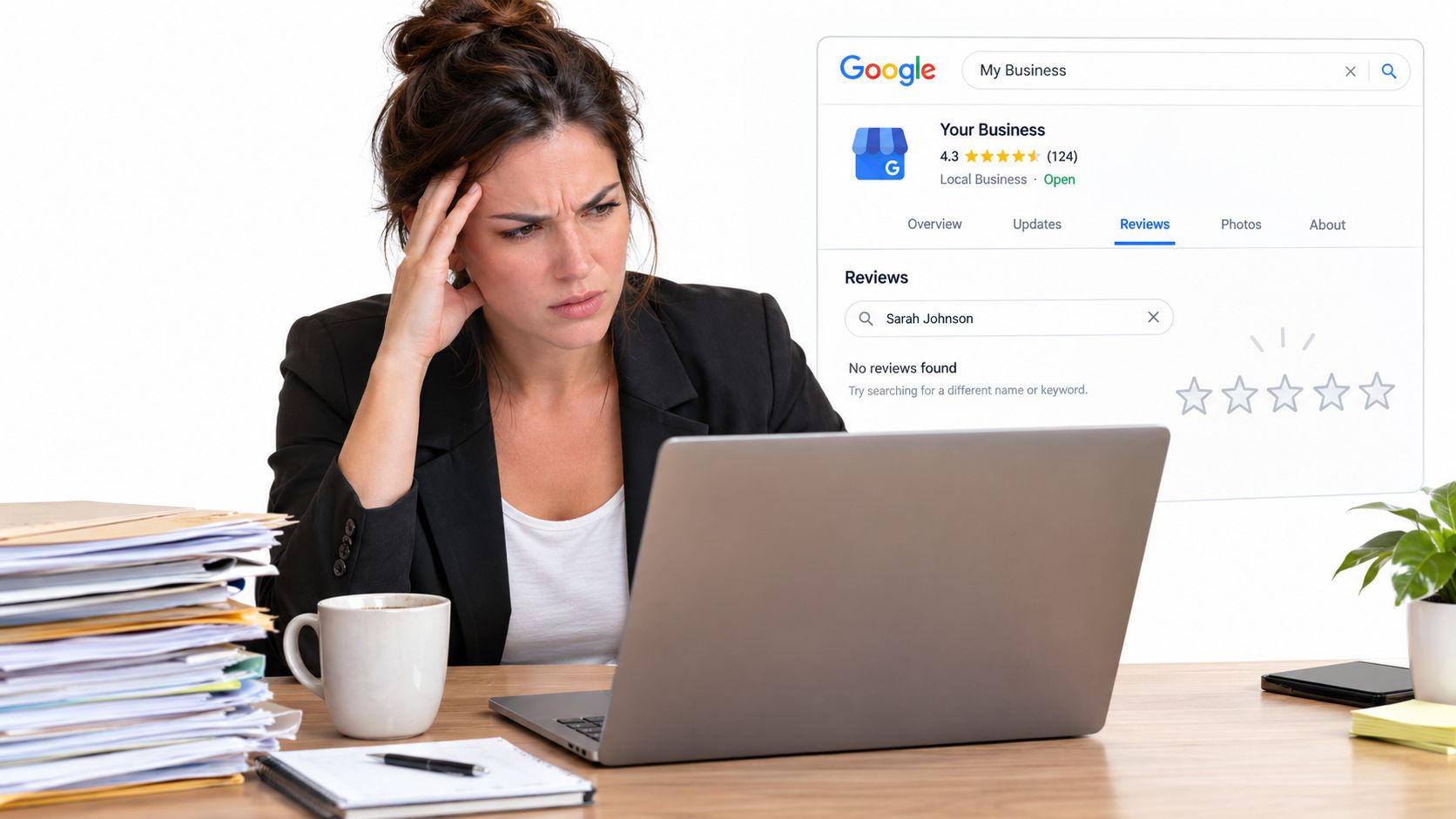 A stressed woman working on a laptop while searching for missing Google business reviews online.