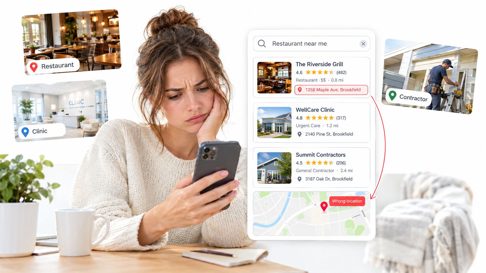 A woman looks frustrated while searching for local business listings on her smartphone with incorrect location data.